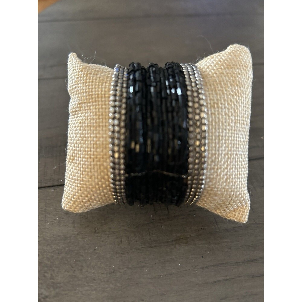 Black And Silver Beaded Cuff Bracelet